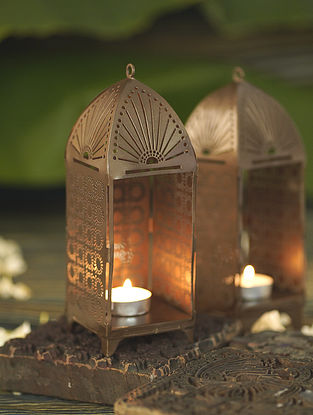 Iron Mandir Table Tealights Holder (D-3in, H-8.5in) (Set Of 2)