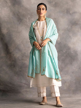 Light Blue Embroidered Chanderi Dupatta with Trims