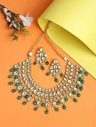 Green Gold Tone Kundan Necklace With Earrings