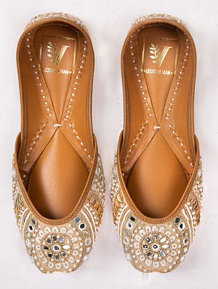 Ivory Gold Hand Embroidered Beaded Crepe Leather Juttis