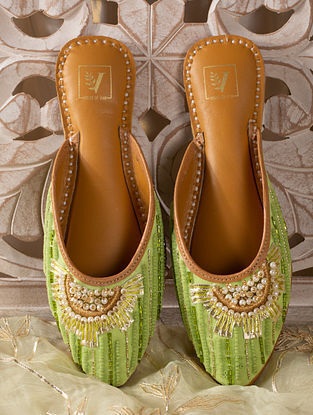 Lime Green Hand Embroidered Beaded Leather Mojaris