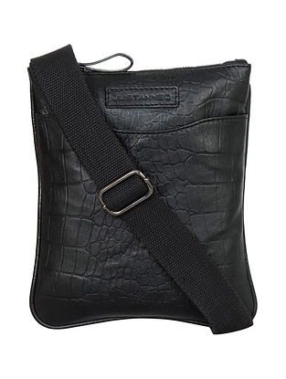 Black Handcrafted Genuine Leather Sling Bag For Men
