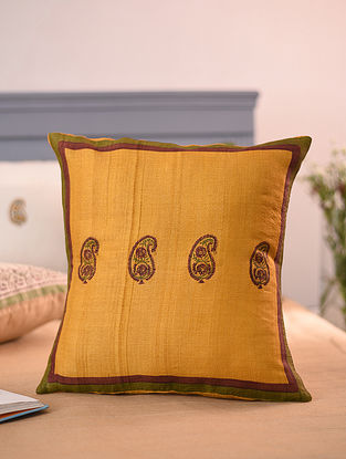 Yellow Hand Block Printed Tussar Cushion Cover (L-16in W-16in) (Set Of 2)    