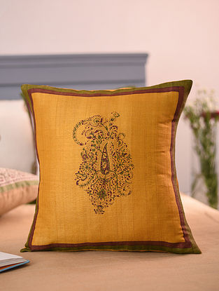 Yellow Hand Block Printed Tussar Cushion Cover (L-16in W-16in) (Set Of 2)    