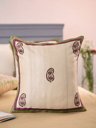 Multicolored Hand Block Printed Tussar Cushion Cover (L-16in W-16in) (Set Of 2)   