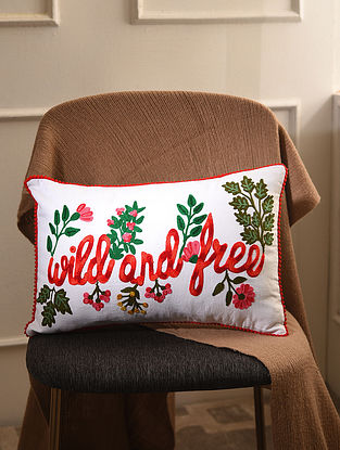 Off White Crewel Embroidered Cotton Wild and Free Cushion Cover (L-20in,W-12in)