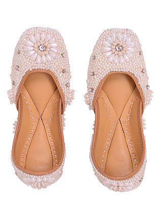 White Handcrafted Beaded Leather Juttis For Girls