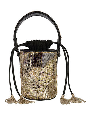Silver Black Hand Embroidered Leather Bucket Bag