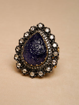 Gold Polki Ring With Tanzanite Sapphire Uncut Diamonds And Diamonds(Size: 13)