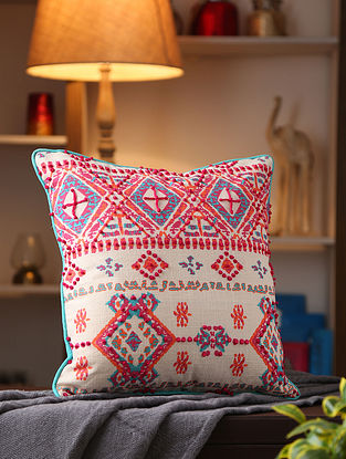 Multicolor Cotton Printed Cushion Cover With French Knot Embroidery (L-18in, W-18in)