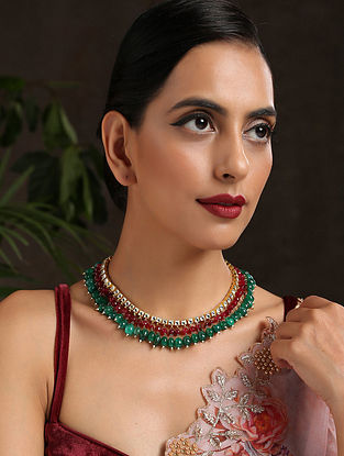 Red Green Gold Tone Kundan Necklace