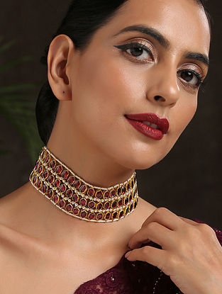 Red Gold Tone Choker Necklace