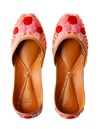 Peach Hand Embroidered Leather Juttis