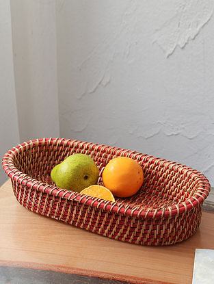 Red And Natural Cane Narkat Basket (L-7.48in, W-14.96in)