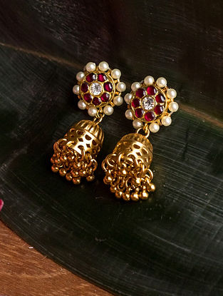 Red Kempstone Encrusted Gold Plated Jhumki Earrings with Pearls