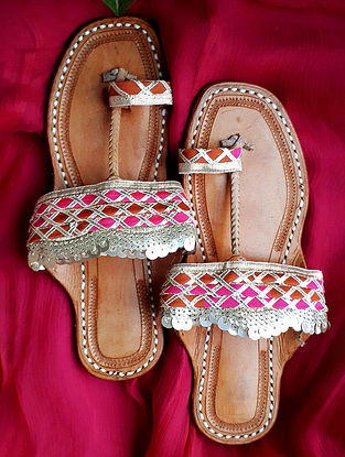 Pink Handcrafted Leather Kolhapuri Flats With Gota Work