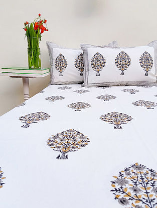 White and Grey Premium Hand Block Printed Cotton Sunset Floral Bedsheet With 2 Pillowcovers