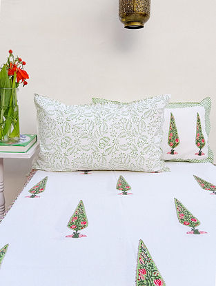 Green and Pink Premium Hand Block Printed Cotton Flowers Essence Bedsheet With 2 Pillowcovers