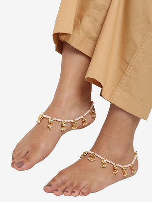 White Gold Tone Kundan Beaded Anklets