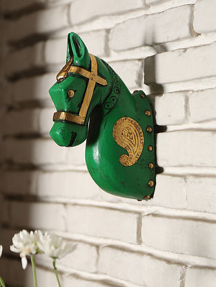 Green Handpainted Wooden Horse Wall Accent (L-8in, W-2.5in, H-4.5in)