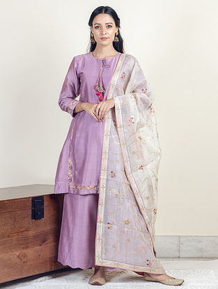 Purple and White Zardozi Embroidered Tissue Chanderi Short Kurta with Cotton Silk Pants and White Jaal Embroidered Organza Dupatta (Set of 3)