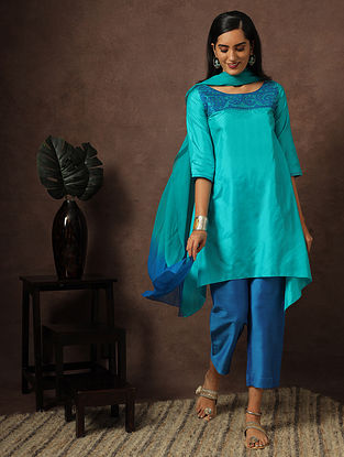 Teal Applique Embroidered Silk Kurta with Pants and Dupatta (Set of 3)