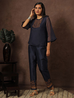 Navy Blue Embroidered Silk Organza Top with Dupion Silk Pants (Set of 2)