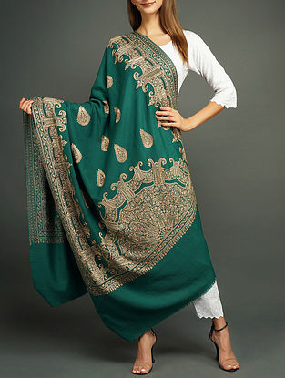Green Handwoven Pashmina With Silk Shawl In Resham Design