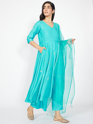 Orion' Sea Blue Embroidered Silk Blend Kurta with Pants (with Cotton Mul Lining) and Organza Dupatta (Set of 3)