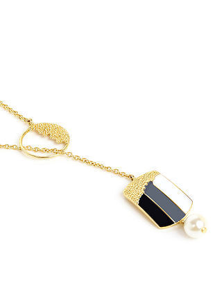 Black White Enamelled Gold Tone Necklace With Pearl