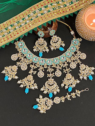 Turquoise Gold Tone Choker Necklace Set with Maang Tikka