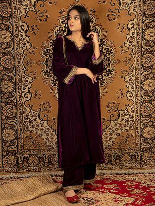 Purple Silk Velvet Kurta with Pants (Set of 2)