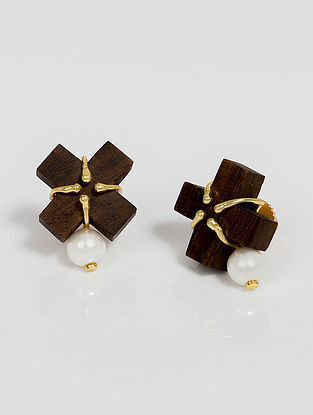 Brown Wooden Gold Tone Earrings with Pearls