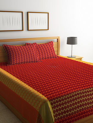 Red And Yellow Cotton Double Bed Cover With 2 Pillow Covers (L-100in,W-90in)