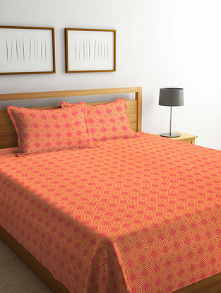 Orange Cotton Double Bed Cover With 2 Pillow Covers (L-100in,W-90in)