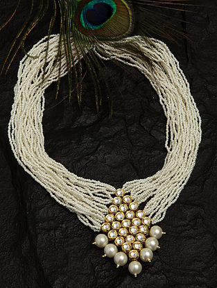 White Gold Tone Kundan Beaded Nacklace with Pearls
