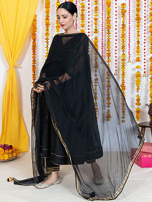 Black Embroidered Cotton Lurex Anarkali Kurta ( with Chiffon Sleeves) with Pants and Dupatta (Set Of 3)