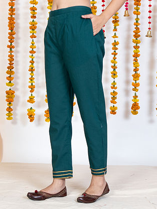 Green Gota Embroidered Cotton Pants with Pockets