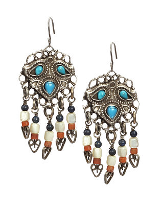 Vintage Silver Earrings With Lapis Coral And Feroza 