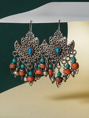 Vintage Silver Earrings With Feroza And Coral 