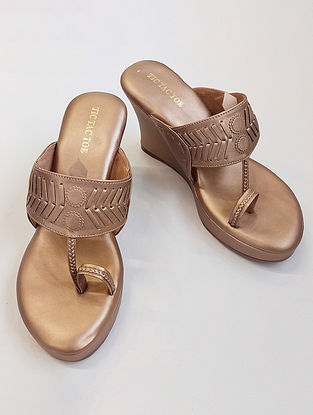 Copper Handcrafted Leather Kolhapuri Wedges