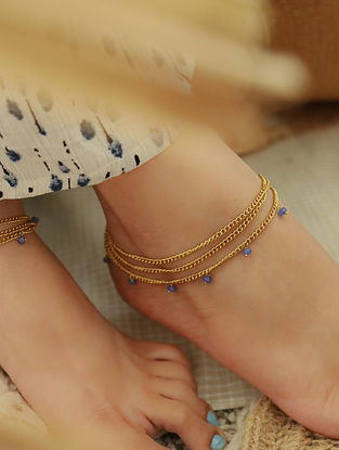 Blue Gold Tone Handcrafted Anklets (Set of 2)