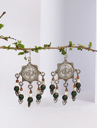 Tribal Silver Earrings With Onyx And Coral