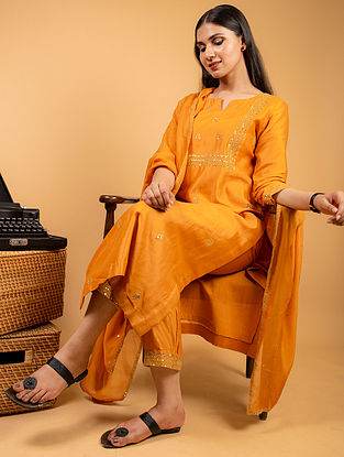 Orange Embroidered Chanderi Silk Kurta with Pants and Organza Dupatta (Set of 3)