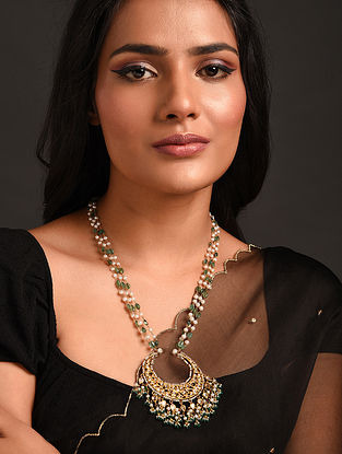 Gold Polki Necklace With Emerald And Pearls