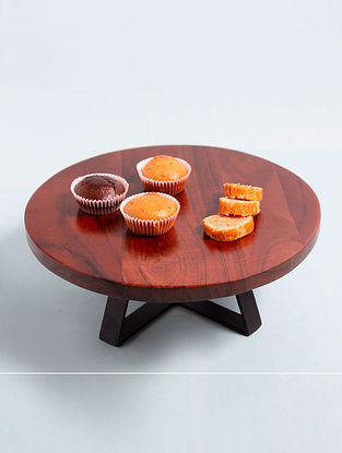 Brown Wooden Cake Stand with Metal Base (D-12in,H-4.5in)