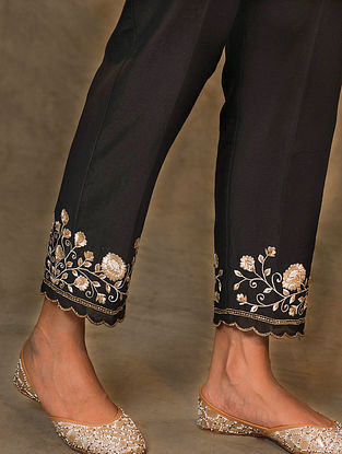 Black Hand Embroidered Silk Chanderi Pants