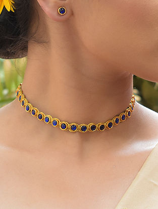 Blue Gold Tone Temple Choker Necklace Set