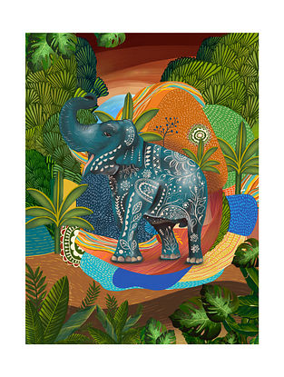 Multicolored Textured Paper Jungle Elephant Printed Artwork