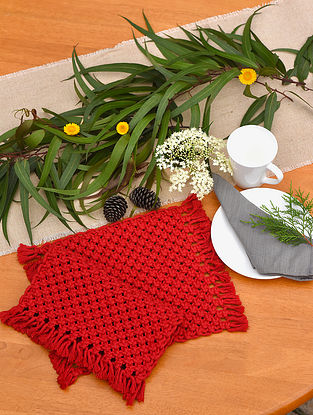 Red Macrame Boho Tablemats (Set of 2) (L-12in, W-10in)